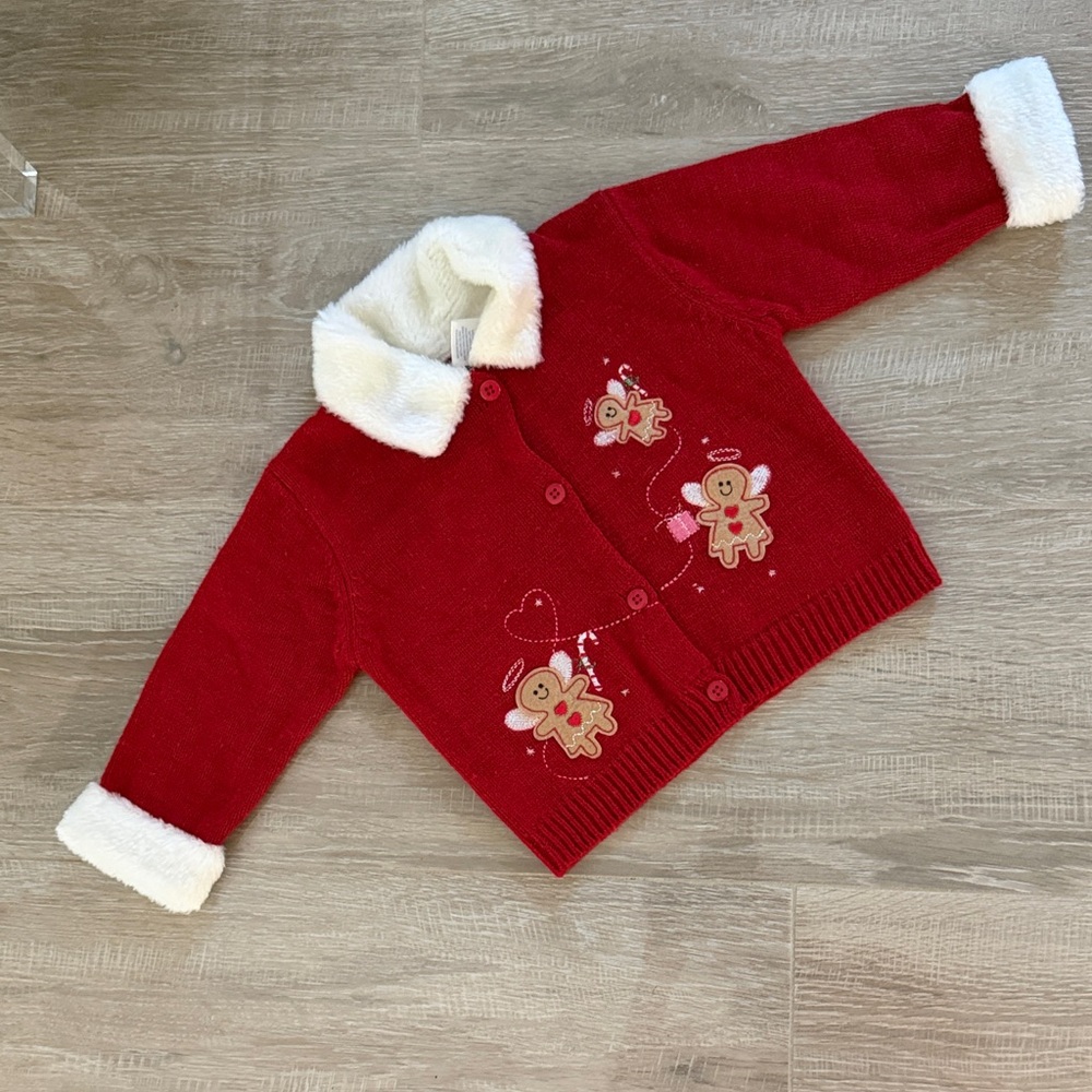Red Fleece Christmas Sweater with Gingerbread Embroidery 2 year old